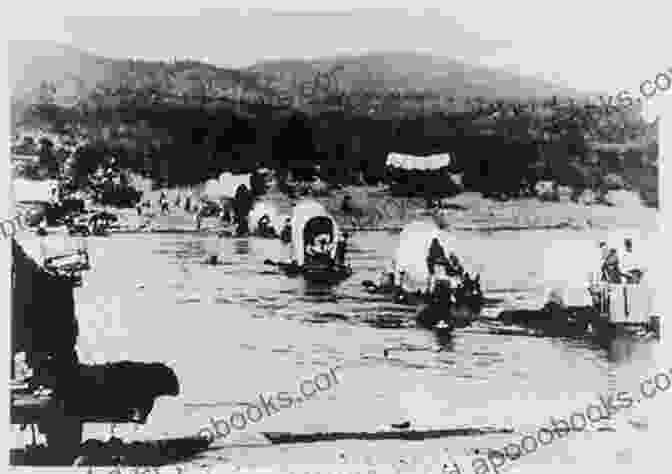 A Vast Wagon Train Crossing A River, Pioneers And Livestock In Tow The Wagon Train Trek (The Oregon Trail)